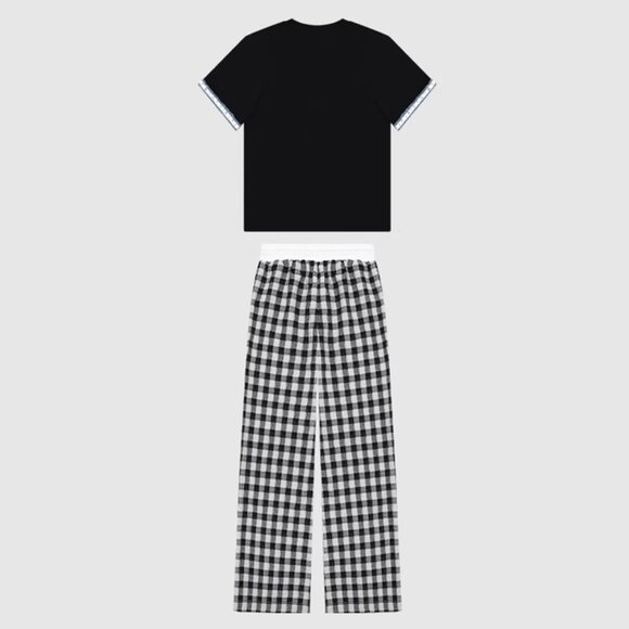 B.Sure Black Short-Sleeved Plaid Trousers Suit - Picture 2 of 4